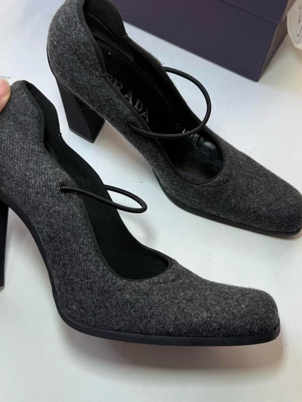 Prada Gray Felt Mary Jane Block Heel Pumps